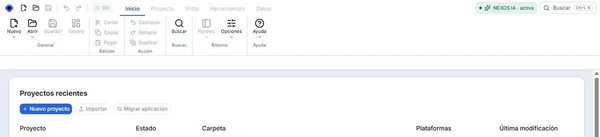 Écran Inicio avec le bouton Nuevo proyecto