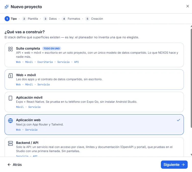 Étape Tipo avec Aplicación web sélectionnée