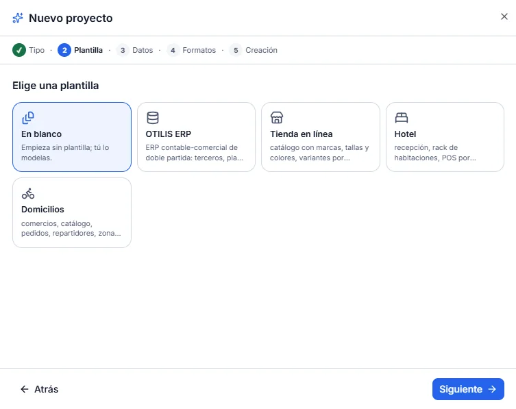 Étape Plantilla avec En blanco sélectionné