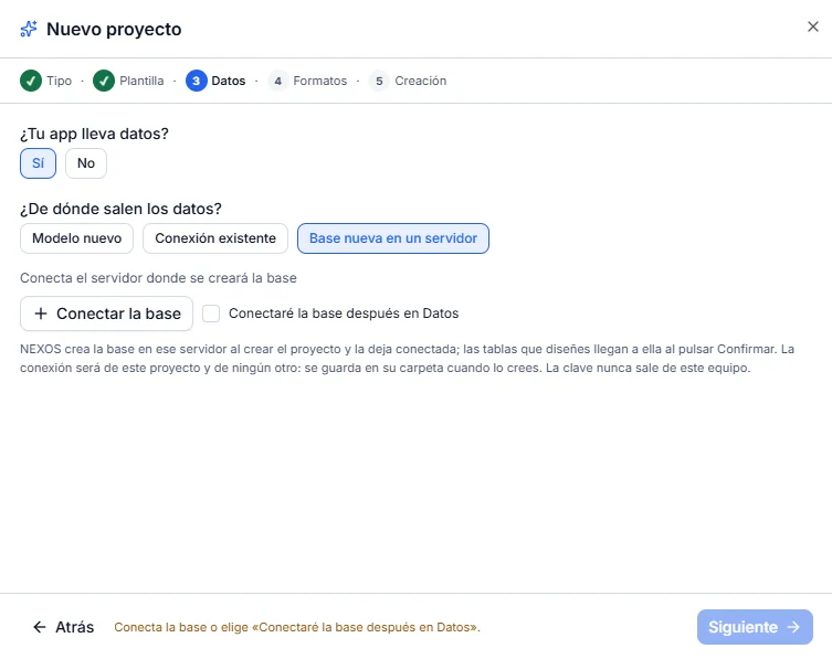 Étape Datos avec Base nueva en un servidor et le bouton Conectar la base