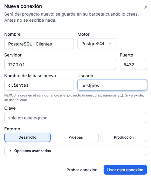 Dialogue Nueva conexión avec le serveur 127.0.0.1, le port 5432 et l'utilisateur postgres