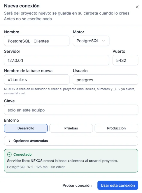 Message vert Servidor listo après Probar conexión