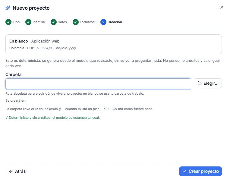 Étape Creación avec le champ Carpeta et le bouton Crear proyecto