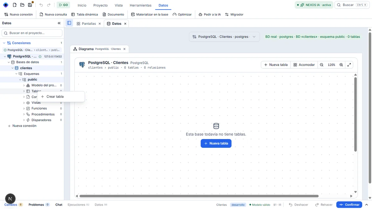 Menu contextuel de Tablas avec Crear tabla